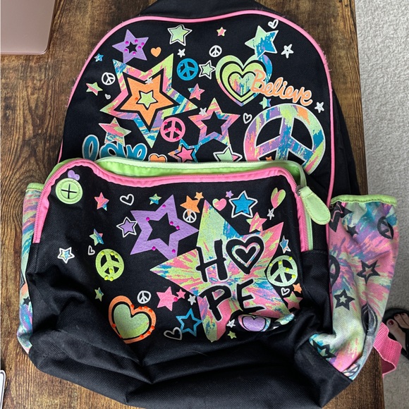 Girls Backpack from Justice- fluorescent stars heart design - worn - Picture 9 of 9